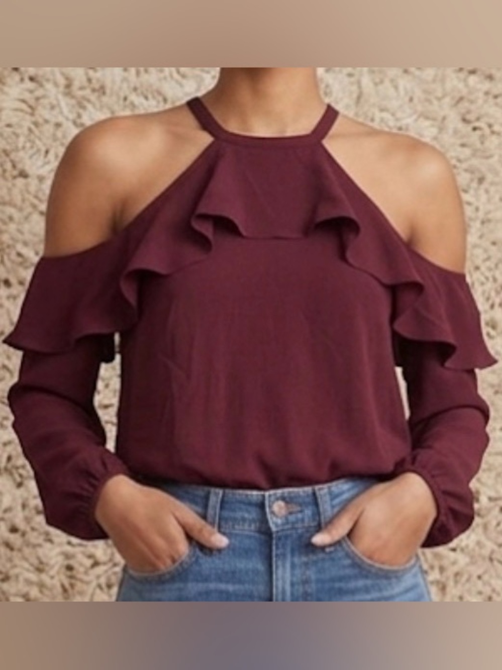 Michael Kors Burgundy Women’s Long Sleeve Cold-Shoulder Ruffle Blouse Size M